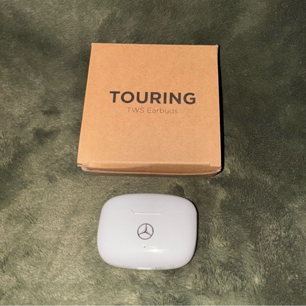 White TWS Earbuds with Mercedes Logo